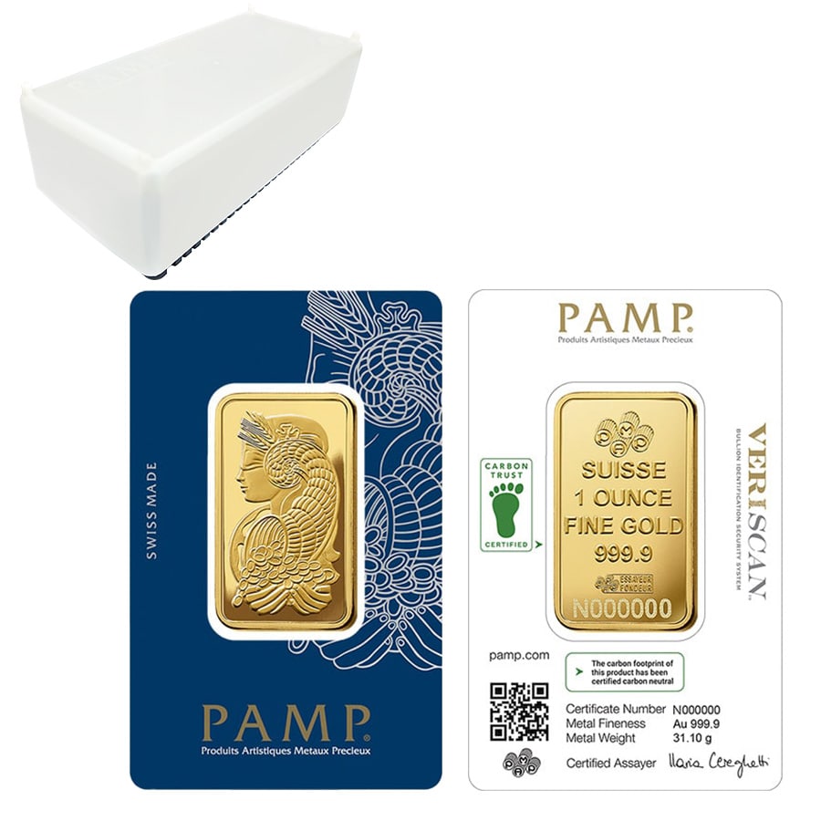 Box of 25 - 1 oz Gold Bar PAMP Suisse Lady Fortuna Veriscan Carbon Neutral (in Assay) Questions & Answers
