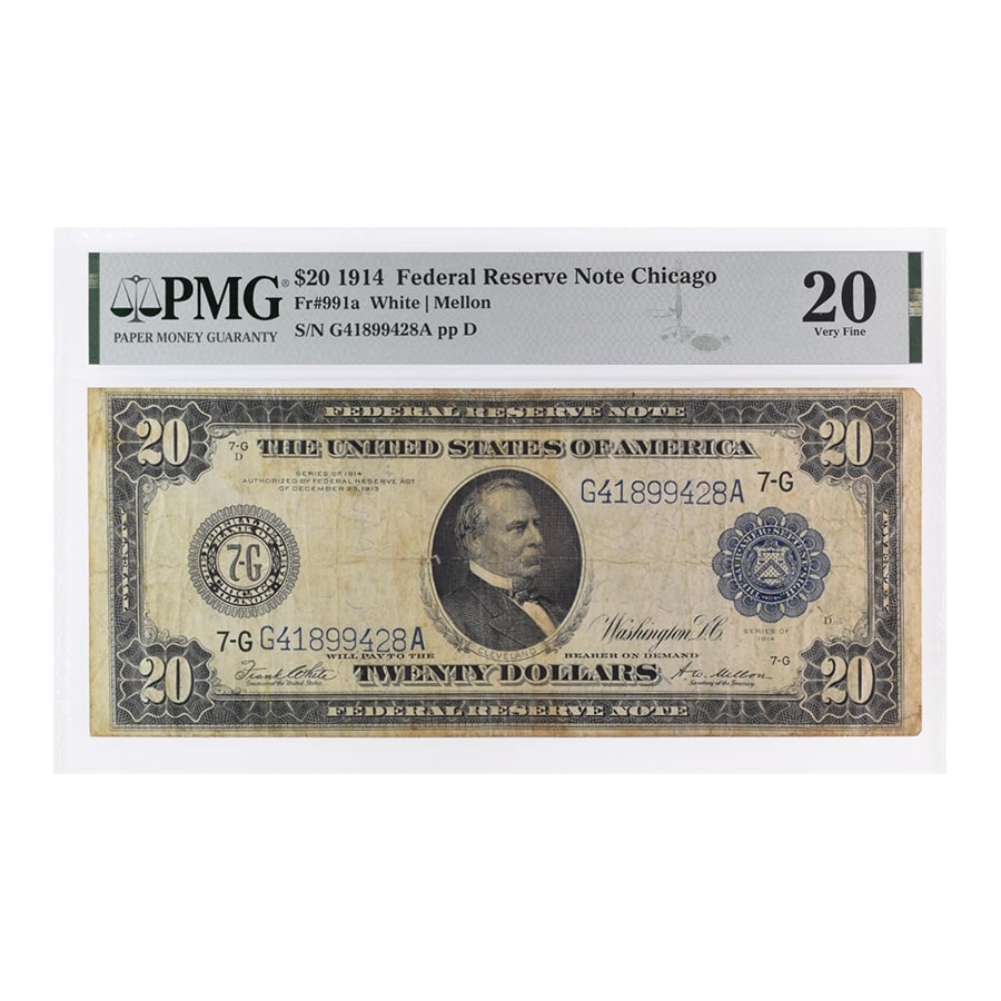 1914 $20 Federal Reserve Currency Note Chicago PMG VF 20 (Stained) Questions & Answers