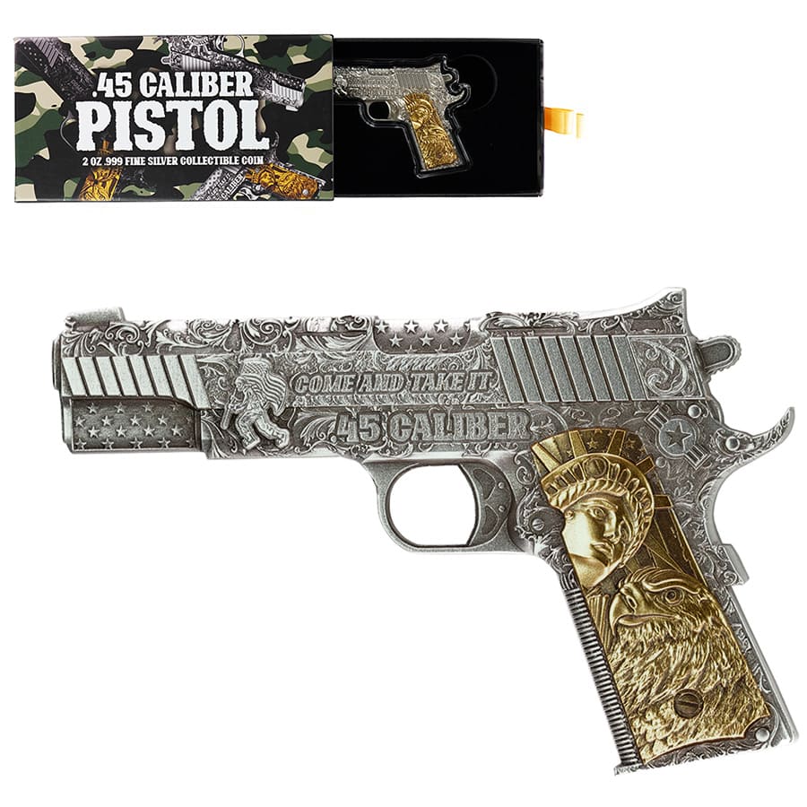 2024 Chad 2 oz Silver .45 Caliber Pistol Handgun Gilded Shaped Coin .999 Fine Questions & Answers