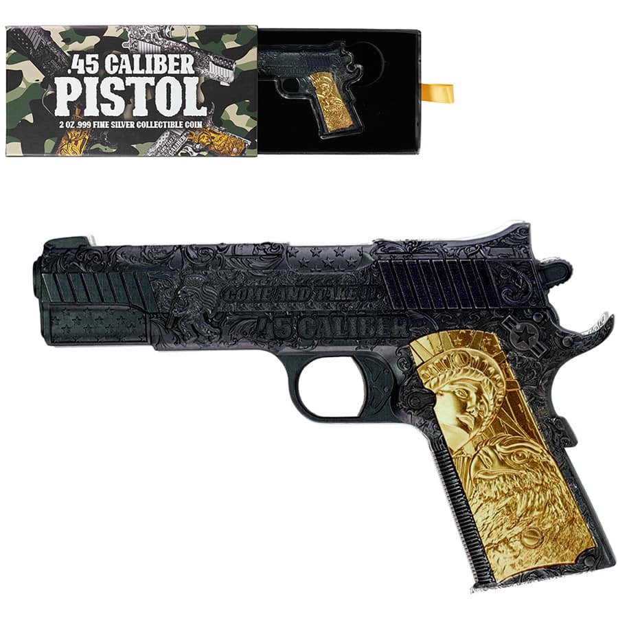2024 Chad 2 oz Silver .45 Caliber Pistol Handgun Black & Gold Shaped Coin .999 Fine Questions & Answers