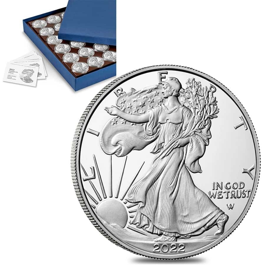 Bulk Pack of 40 - 2022-S 1 oz Proof Silver American Eagle In Cap (w/COA) - Box,Tray of 40 Questions & Answers