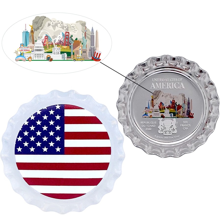 2022 Chad 6 gram World Landmarks - USA Bottle Cap Proof Silver Coin .999 Fine (In Cap) Questions & Answers