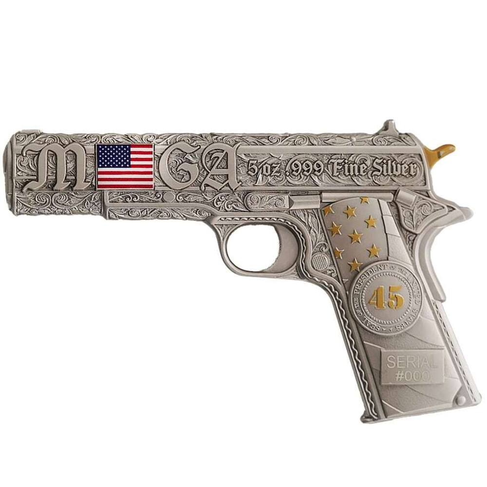 5 oz Silver Gun Shaped .45 Caliber Pistol Antiqued .999 Fine (w/Box) Questions & Answers