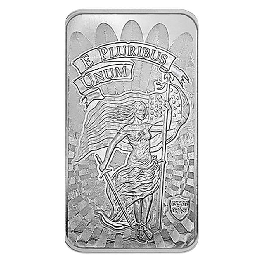 What is featured on the obverse of the silver bar?