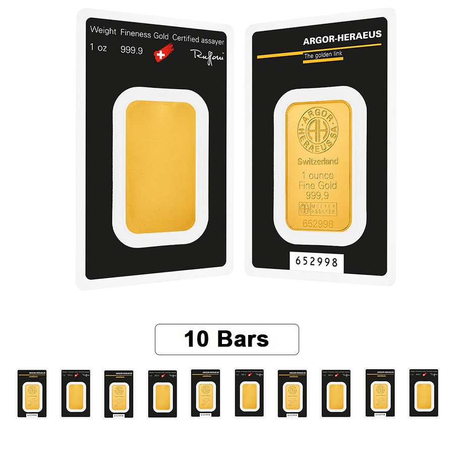 Lot of 10 - 1 oz Gold Bar - Argor-Heraeus .9999 Fine (In Assay) Questions & Answers