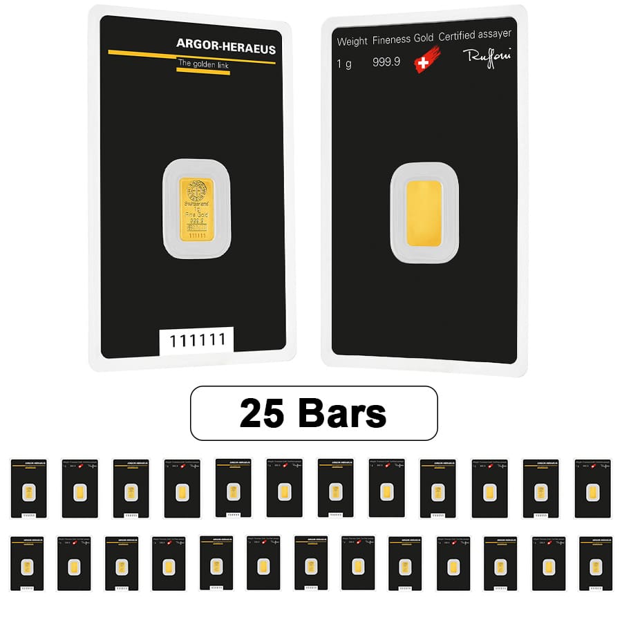 Lot of 25 - 1 gram Argor Heraeus Gold Bar .9999 Fine (In Assay) Questions & Answers
