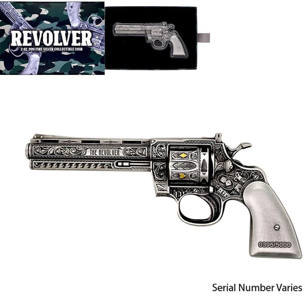 2023 Chad 2 oz Silver Revolver Gun Shaped Antiqued High Relief Coin .999 Fine (w/Box) Questions & Answers